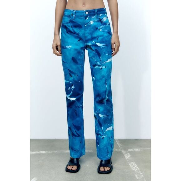 NWT Zara Straight Fit High Rise Regular Length Printed Jeans in Blue, Size 0 & 4 - Picture 3 of 16